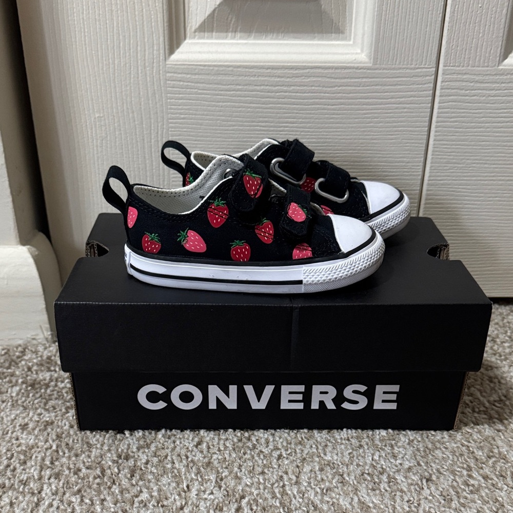 Converse Kids' Black and Pink Strawberry Sneakers
Used only once
